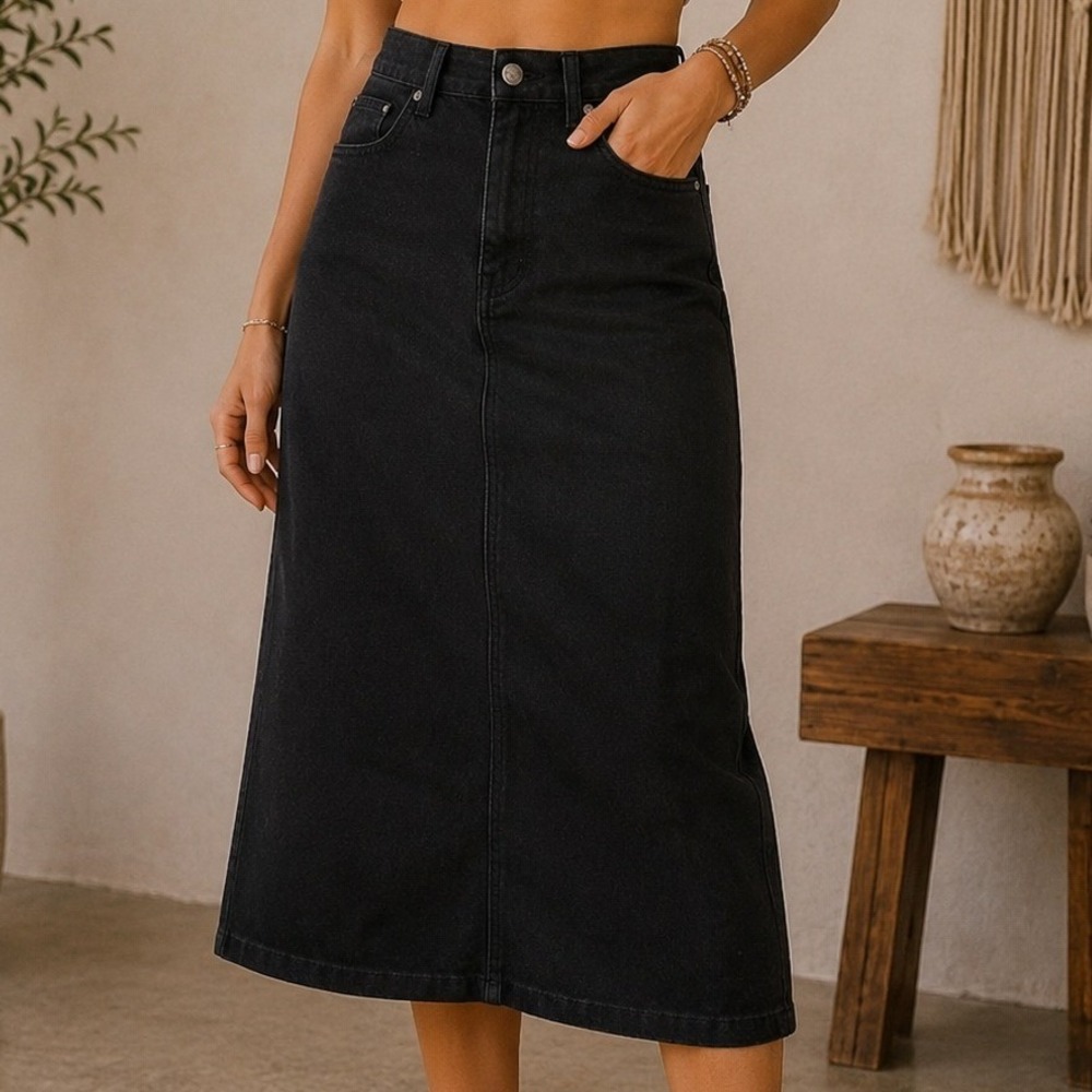 STS Blue Niki Black Denim Maxi Pencil Skirt High Rise Size 27 Back Slit Stretch